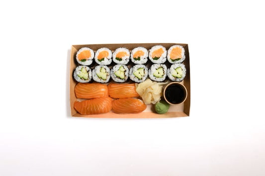 Part of our Little Fish Lite range. Perfect for a quick bite! Contains: Salmon & Chive Maki (6 pieces), Cucumber & Sesame Maki (6 pieces), and Salmon Nigiri (4 pieces).