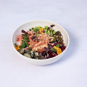 Loch Duart salmon and chipotle, pickled cabbage, hijiki, edamame, pickled cucumber, fresh cucumber, mustard greens and furikake seasoning. 1 serving.
