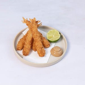 Crispy panko tiger prawns with hacho miso aioli. 5 pieces.