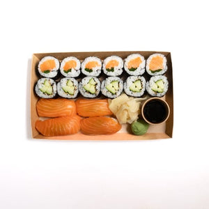 Part of our Little Fish Lite range. Perfect for a quick bite! Contains: Salmon & Chive Maki (6 pieces), Cucumber & Sesame Maki (6 pieces), and Salmon Nigiri (4 pieces).