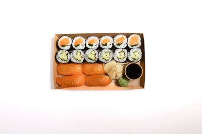 Part of our Little Fish Lite range. Perfect for a quick bite! Contains: Salmon & Chive Maki (6 pieces), Cucumber & Sesame Maki (6 pieces), and Salmon Nigiri (4 pieces).