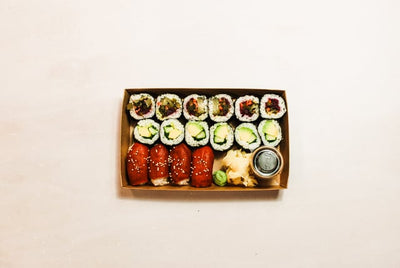 Part of our Little Fish Lite range. Perfect for a quick bite! Contains: House Pickles Maki (6 pieces), Avocado, Cucumber & Chive Maki (6 pieces), and Piquillo Pepper Nigiri (4 pieces).