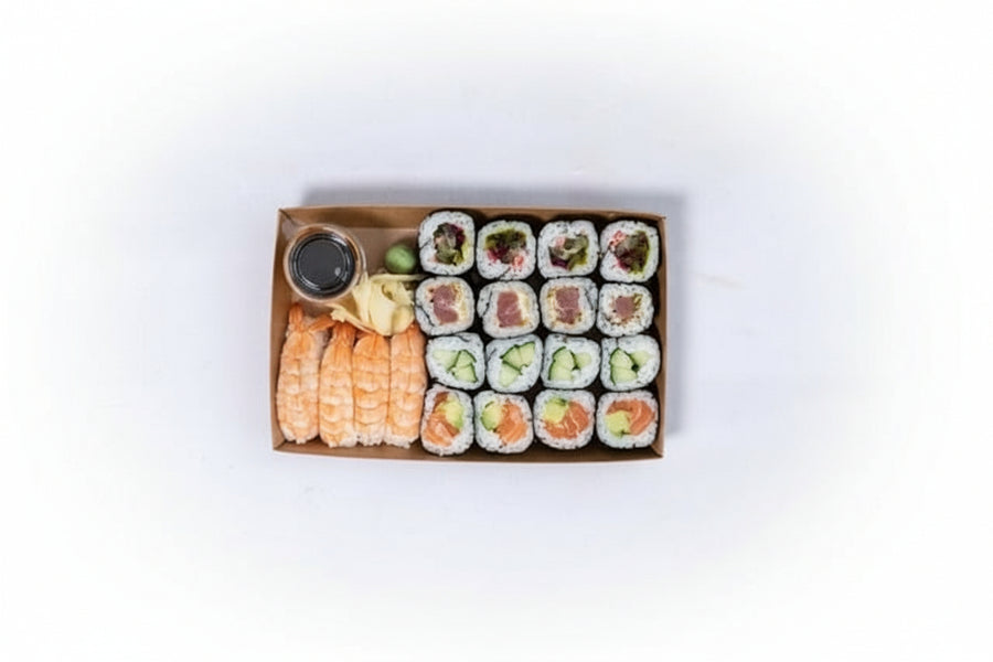 Part of our Little Fish Lite range. Perfect for a quick bite! Contains: Spicy Tuna Maki (4 pieces), Salmon & Avocado Maki (4 pieces), House Pickles Maki (4 pieces), Cucumber Maki (4 pieces) and Ebi Nigiri (4 pieces).