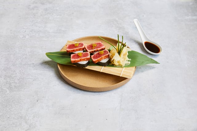 Yellowfin tuna seared with shichimi togarashi pepper and wasabi tobiko caviar. 4 pieces.