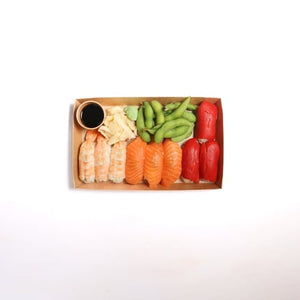 Part of our Little Fish Lite range. Perfect for a quick bite! Contains: Ebi Nigiri, Salmon Nigiri,  Piquillo Pepper Nigiri (3 pieces of each) and edamame.