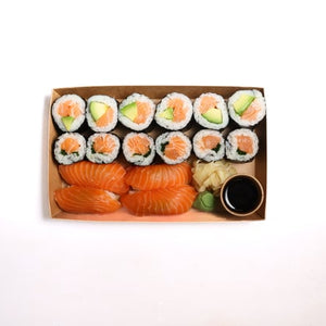 Part of our Little Fish Lite range. Perfect for a quick bite! Contains: Salmon & Avocado Maki (6 pieces), Salmon & Chive Maki (6 pieces), and Salmon Nigiri (4 pieces).