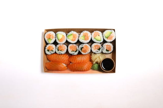 Part of our Little Fish Lite range. Perfect for a quick bite! Contains: Salmon & Avocado Maki (6 pieces), Salmon & Chive Maki (6 pieces), and Salmon Nigiri (4 pieces).