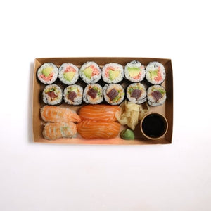 Part of our Little Fish Lite range. Perfect for a quick bite! Contains: Avocado & Benishoga Maki (6 pieces), Spicy Tuna Maki (6 pieces), Ebi Nigiri (2 pieces) and Salmon Nigiri (2 pieces).