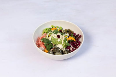 Hass avocado, yuzu aioli, pickled cabbage, hijiki, edamame, pickled cucumber, fresh cucumber and mustard greens. 1 serving.